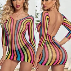 Sexy Lingerie Bodystocking Dress Fishnet Rainbow Friendly Stripper Skirt Outfit